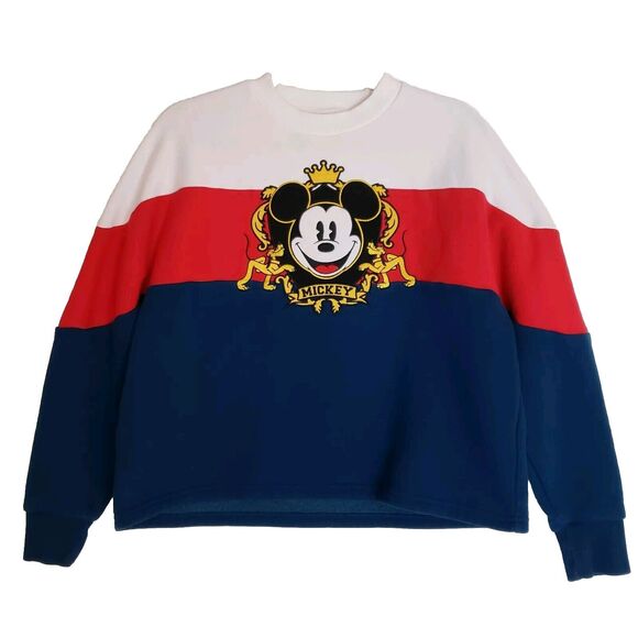 Mickey Mouse Disney Womens Pullover Sweatshirt Blue Red Color Block Regal Crew M - Picture 1 of 8